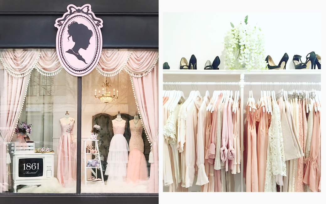 la vitrine d'une boutique avec des robes exposées