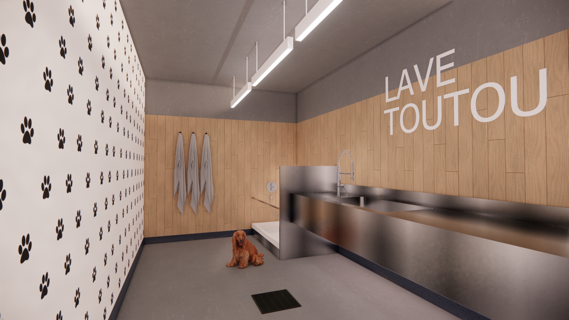 un chien assis dans une salle de bain